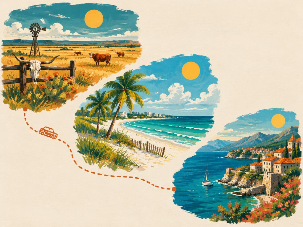 Illustration of Texas prairie, a Florida beach and the Albanian coast joined by a dotted line (illustrative)