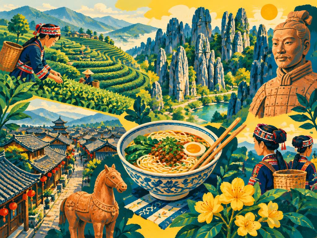 Illustration of Yunnan tea terraces, stone forest and a bowl of noodles in Yunnan, China (illustrative)